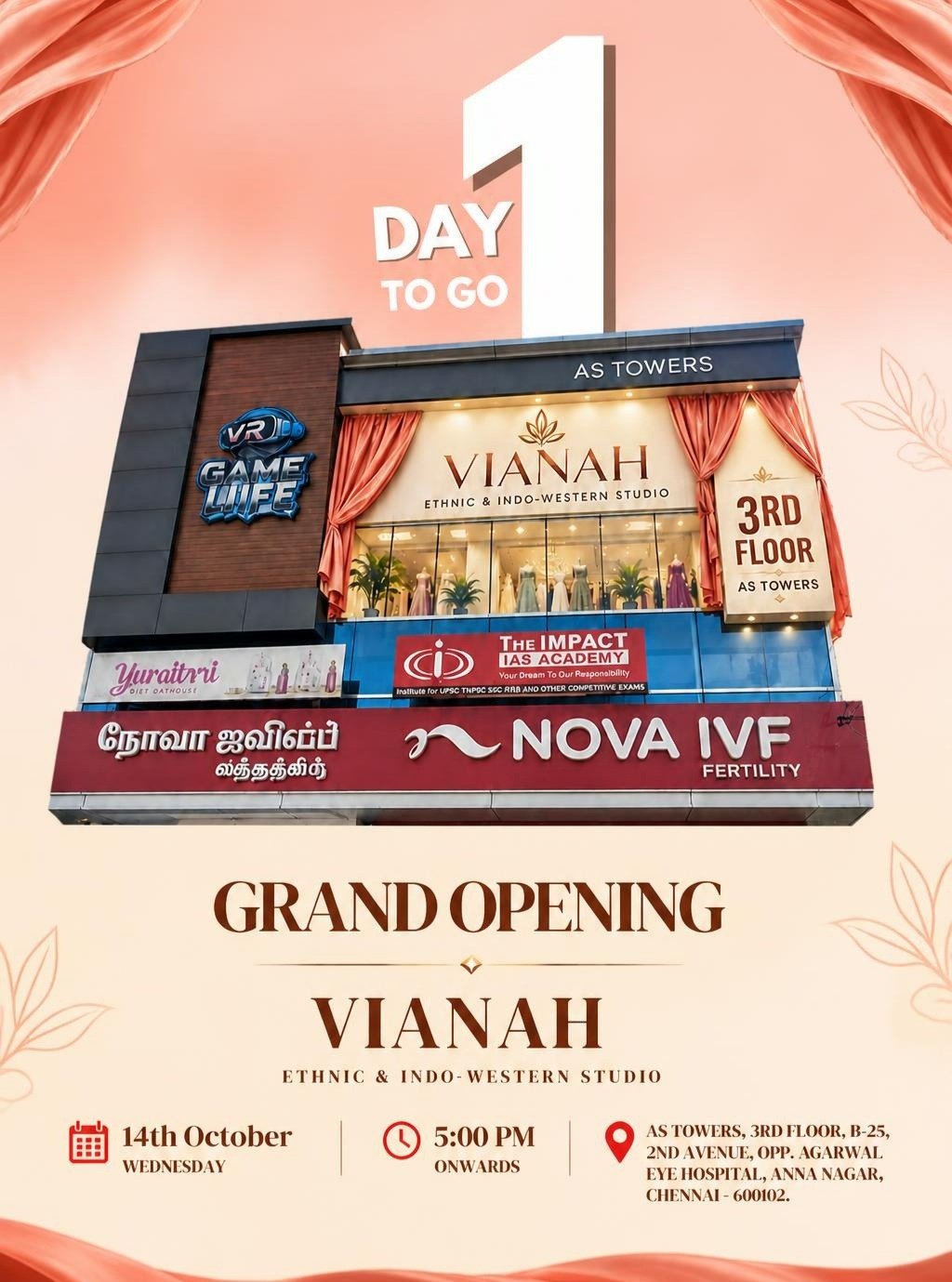 Vianah Studio grand opening poster: 14 October, Wednesday, 5 PM onwards, Anna Nagar, Chennai