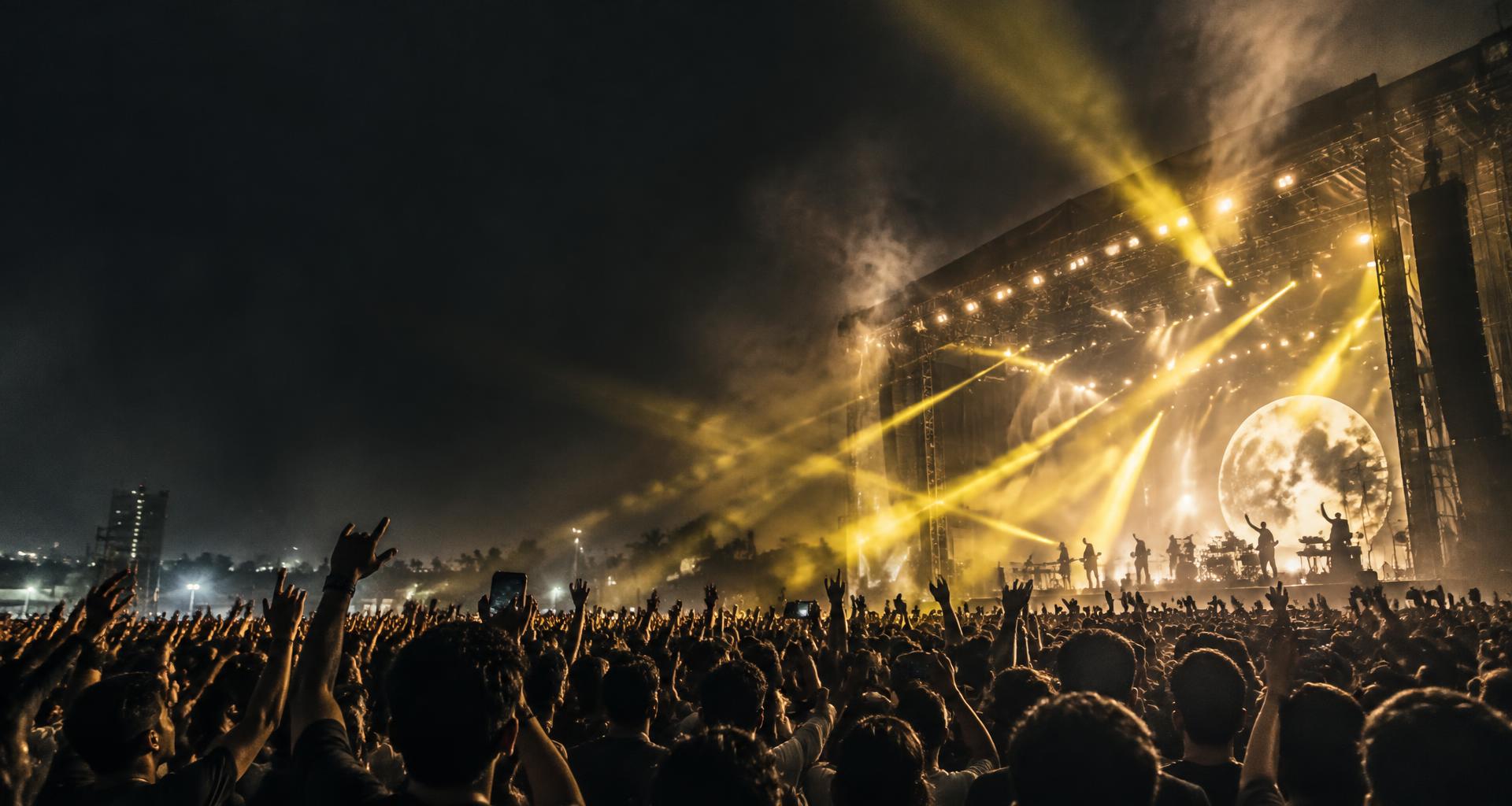 A spectacular live concert with a cheering crowd and golden stage lights